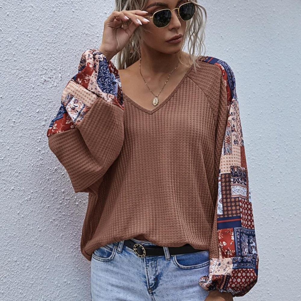 brown  v neck wide sleep waffle long sleeve top - Picture 16 of 16